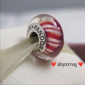 EUC Pandora 790680 Sterling Silver Cinnamon Murano Glass Bead w/ Candy Stripes